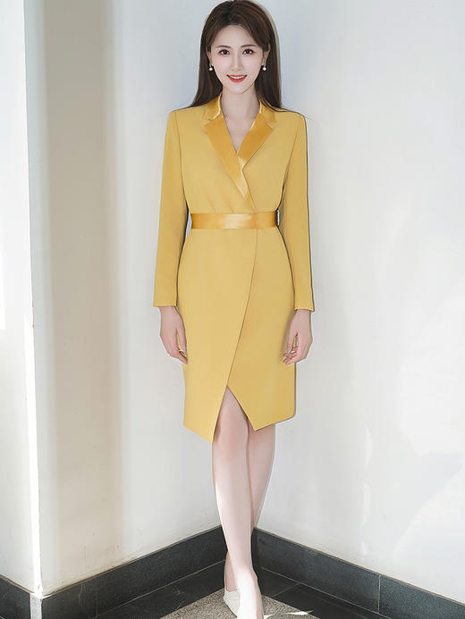 秋季高端洋气黄色连衣裙女长袖主持人时尚职业装西装裙宴会礼服 商品图4