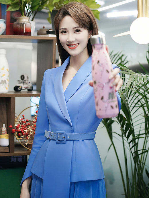 高端时尚蓝色西装纱裙套装绑带西服播音艺考主持人职业女装套裙 商品图2