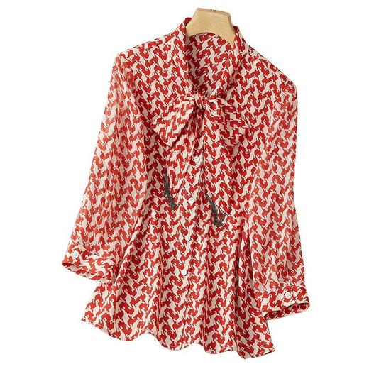 2023秋装新款衬衫女长袖宽松雪纺衫红色女士衬衣A2372 商品图4