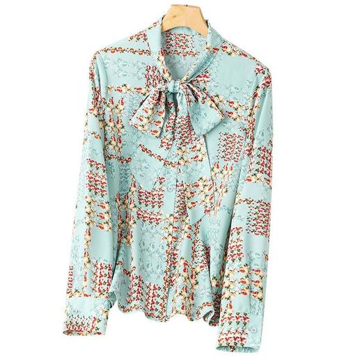 港风2023秋装新款雪纺印花衬衫女长袖系带女士衬衣1860 商品图4