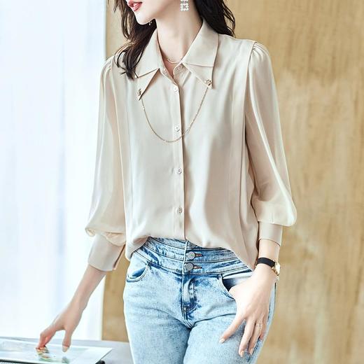2023秋装新款衬衫女长袖宽松雪纺衫粉色女士衬衣A2691 商品图0