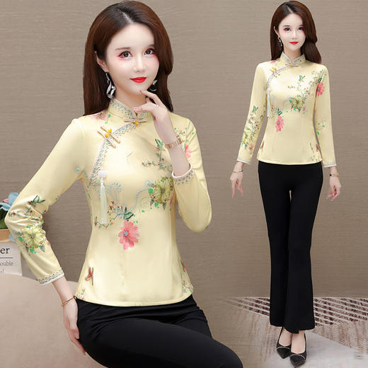 WY756## 新款新款改良旗袍上衣春秋季女中国风气质复古显瘦中式长袖上衣 商品图0