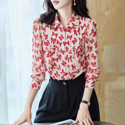 2023秋装新款衬衫女长袖宽松雪纺衫蝴蝶结女士衬衣A2393 商品图3