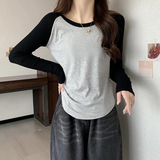 【YW】无忧购秋季青春洋溢美少女调调调耐穿不易起球插肩袖下摆弧形撞色打底衫2024-1 商品图9