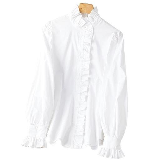 2023秋装新款立领荷叶边衬衫女长袖纯棉女士衬衣大码 商品图3