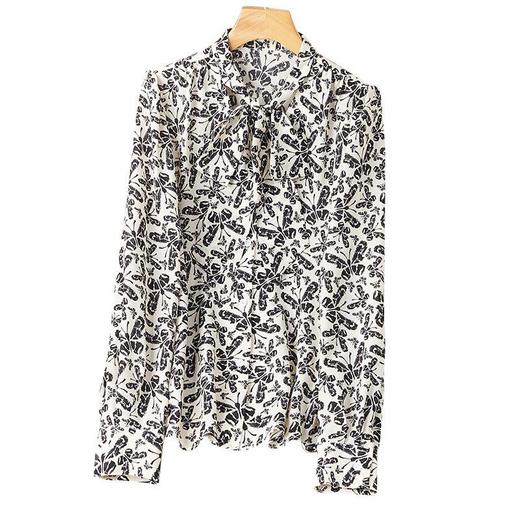 港风2023秋装新款雪纺印花衬衫女长袖系带女士衬衣2110 商品图4