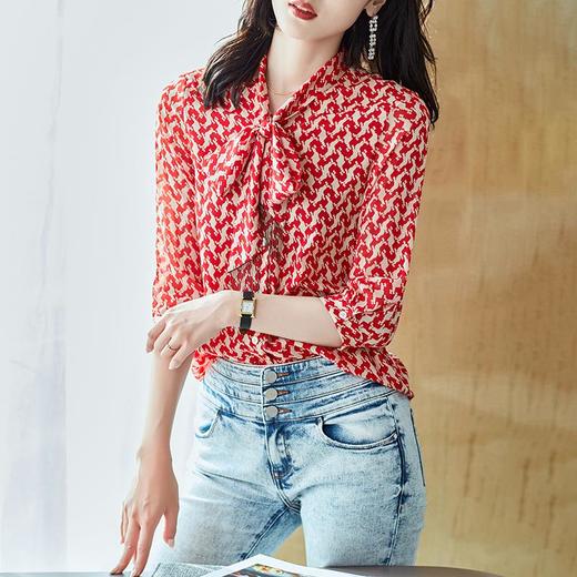 2023秋装新款衬衫女长袖宽松雪纺衫红色女士衬衣A2372 商品图1