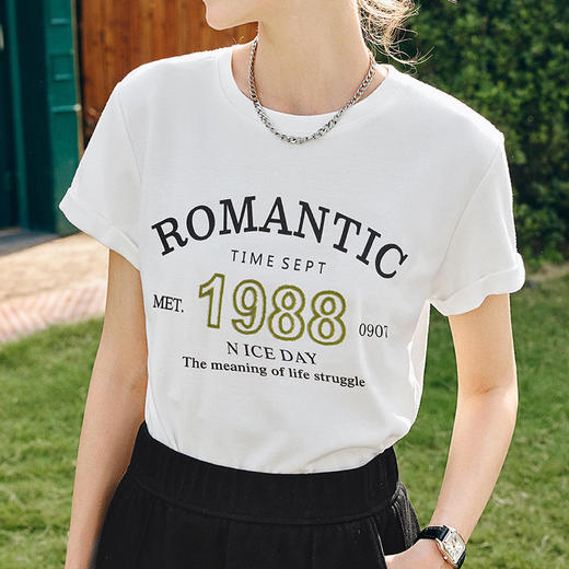 OLrain欧芮儿法式米白色短袖T恤女夏季2023新款时尚印花休闲上衣 商品图2