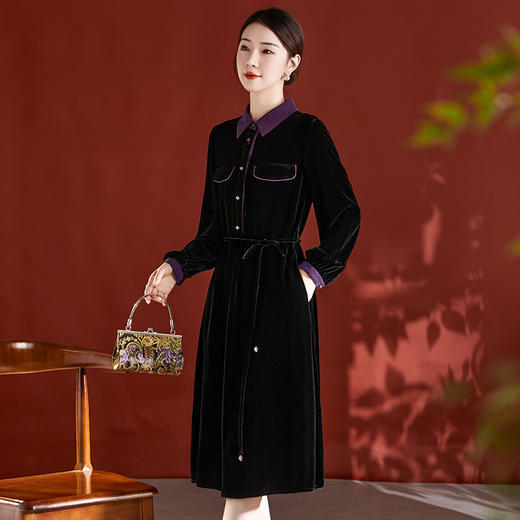 高贵气质时尚长袖，翻领真丝丝绒连衣裙SM-82395620 商品图3