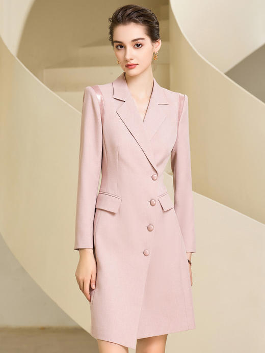 秋季新款高端时尚洋气粉色连衣裙长袖主持人职业装西装裙 商品图2