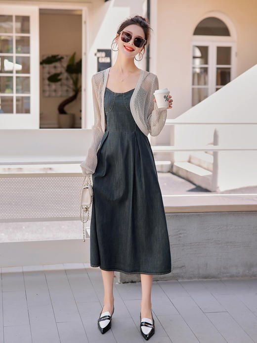 时尚休闲外搭纯色针织，小披肩牛仔吊带连衣裙两件套HR-YKSL606 商品图0