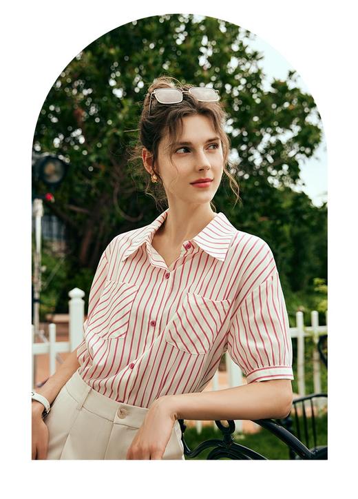 OLrain欧芮儿法式条纹衬衫女夏季2023年新款宽松时尚别致衬衣 商品图2