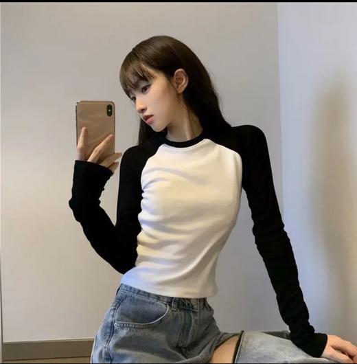 【YW】无忧购秋季青春洋溢美少女调调调耐穿不易起球插肩袖下摆弧形撞色打底衫2024-1 商品图1