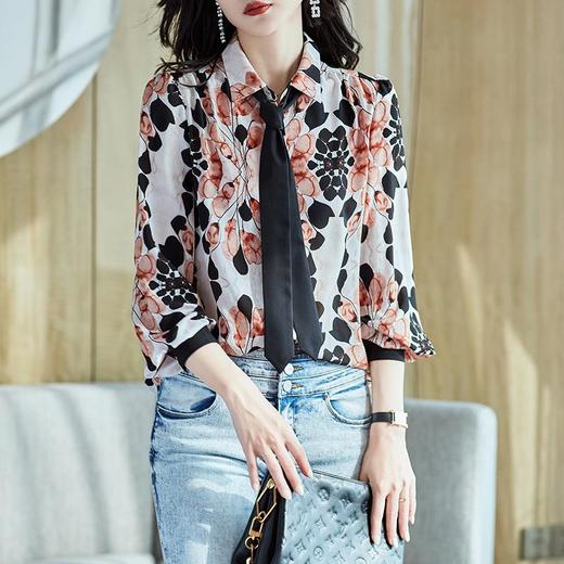 2023秋装新款衬衫女长袖宽松雪纺衫印花女士衬衣A2751 商品图0