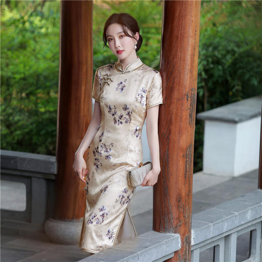 修身真丝桑蚕丝立领长款复古风改良连衣裙旗袍裙TY-金枝玉叶JYJ-112 商品图0