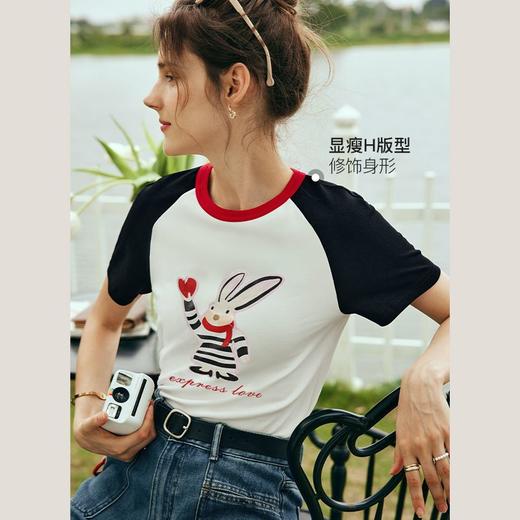 OLrain欧芮儿法式短袖T恤女夏季2023新款宽松插肩袖撞色印花上衣 商品图0