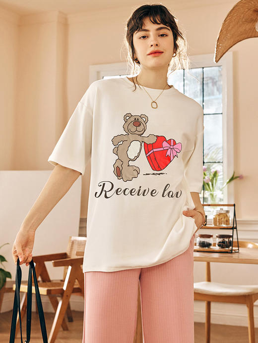 OLrain欧芮儿法式米白色短袖T恤女春季2023新款宽松小熊卡通上衣 商品图2