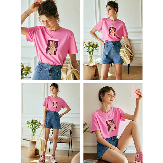 OLrain欧芮儿法式玫粉色短袖T恤女夏季2023新款宽松重工印花上衣 商品图1