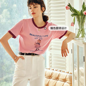 OLrain欧芮儿法式粉色短袖T恤女夏季2023年新款宽松印花百搭上衣