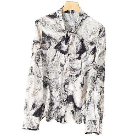 港风2023秋装新款雪纺印花衬衫女长袖系带女士衬衣1890 商品图4