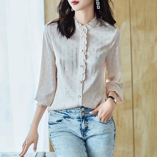 2023秋装新款衬衫女长袖小立领雪纺荷叶边女士衬衣A2558 商品图1