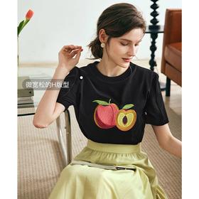 OLrain欧芮儿法式黑色短袖T恤女夏季2023年新款宽松水果刺绣上衣