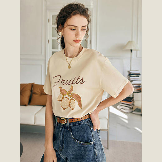 OLrain欧芮儿法式短袖T恤女春季2023年新款宽松时尚刺绣休闲上衣 商品图0