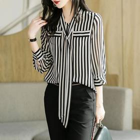 2023秋装新款衬衫女长袖条纹系带优雅女士衬衣雪纺衫1871