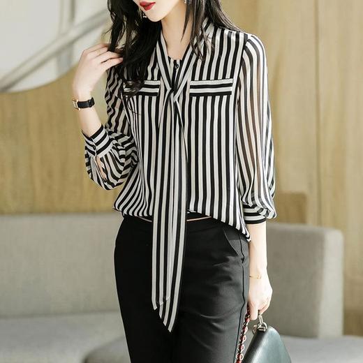 2023秋装新款衬衫女长袖条纹系带优雅女士衬衣雪纺衫1871 商品图0