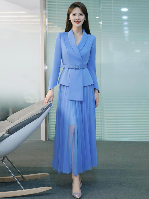 高端时尚蓝色西装纱裙套装绑带西服播音艺考主持人职业女装套裙 商品图0