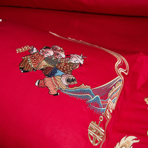 【品牌直发】加倍生活 100支长绒棉婚庆四件套/六件套 龙凤百子/锦绣佳缘/春色满园/家和人兴/幸福婚约-金/红/锦绣牡丹 商品图7