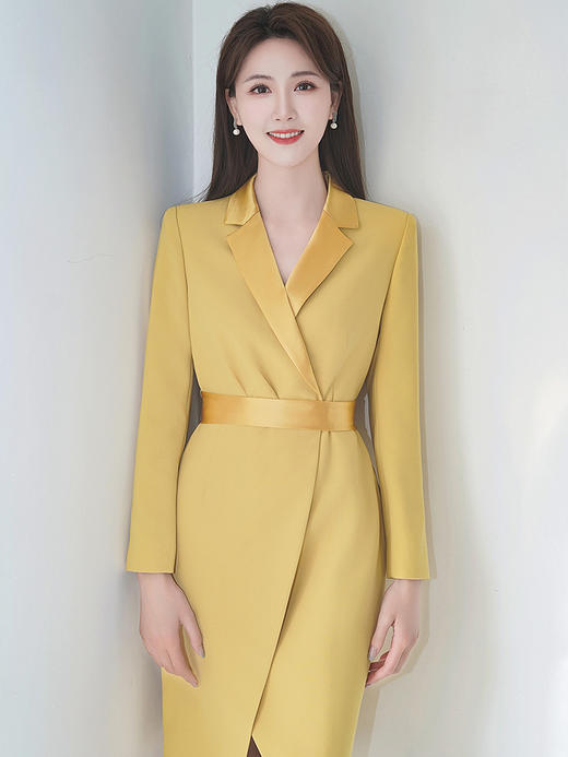 秋季高端洋气黄色连衣裙女长袖主持人时尚职业装西装裙宴会礼服 商品图3