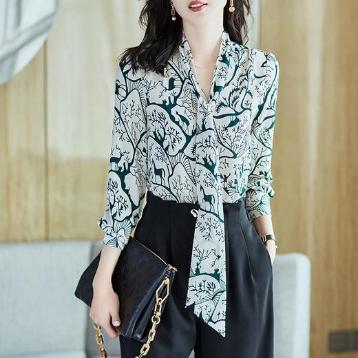 2023秋装新款衬衫女长袖宽松雪纺衫绿色女士衬衣A2735 商品图0