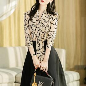 港风2023秋装新款雪纺衫长袖衬衫女印花女士衬衣系带2121