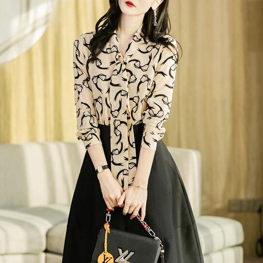 港风2023秋装新款雪纺衫长袖衬衫女印花女士衬衣系带2121 商品图0