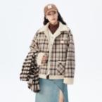 NTOT/NOTMF22276/棕色格纹羊羔毛翻领外套 商品图1