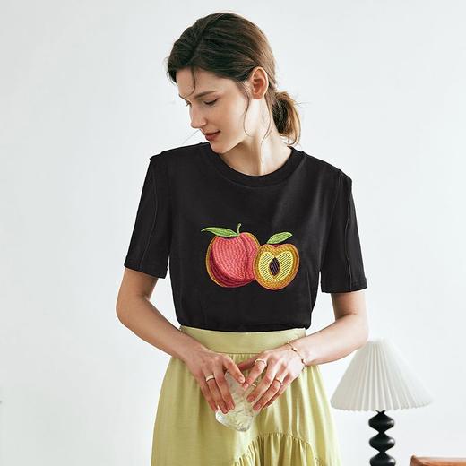 OLrain欧芮儿法式黑色短袖T恤女夏季2023年新款宽松水果刺绣上衣 商品图3