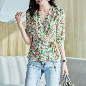 2023夏季新款雪纺衫七分袖衬衫女宽松大码T恤印花A2378