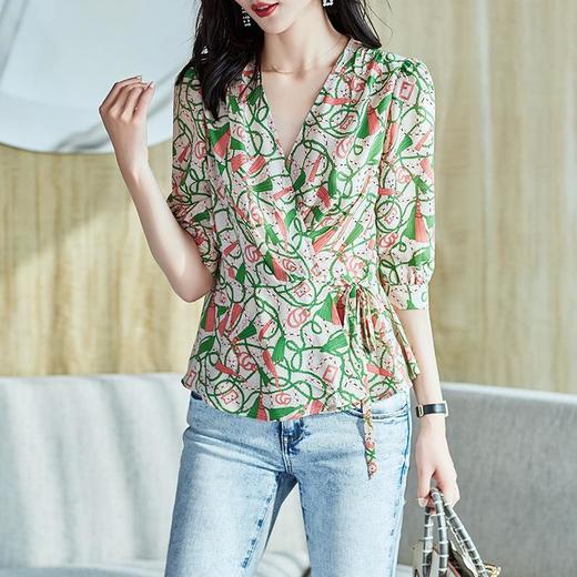 2023夏季新款雪纺衫七分袖衬衫女宽松大码T恤印花A2378 商品图0