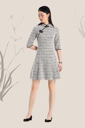 LNNNS 千鸟纹粗花呢旗袍连衣裙 8088