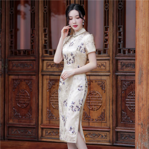 修身真丝桑蚕丝立领长款复古风改良连衣裙旗袍裙TY-金枝玉叶JYJ-112 商品图3