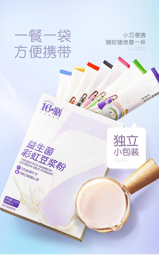 🌈【十六膳彩虹豆浆粉营养粉】7天打卡装 试试这款豆浆吧😋全家老小都能喝 💰市场价：79.8￥3盒 💰团购价：39.9￥3盒  ✅添加蓝莓粉 商品图0