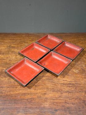 木胎红褐大漆方碟五件套组，顺丰包邮