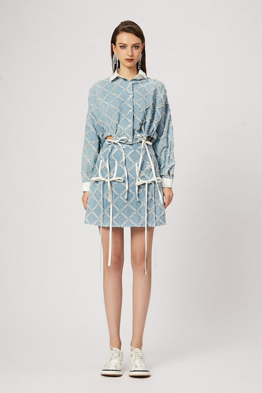 浅蓝菱形牛仔水晶花钉珠A型半裙 商品图1