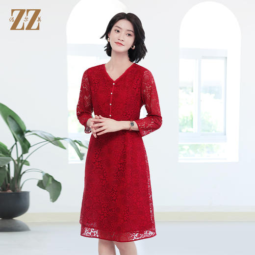 佐尔美秋季新款 优雅气质V领蕾丝绣花连衣裙女E33LL07 商品图1