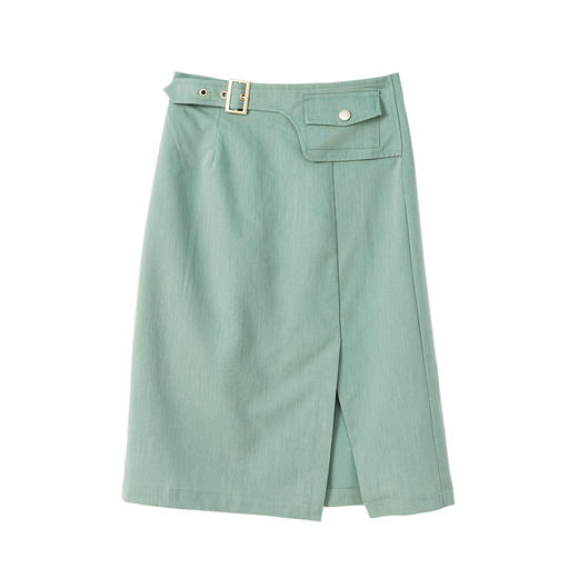 欧芮儿绿色半身裙中长款女高腰显瘦2022新款春装轻熟风开叉A字裙 商品图3