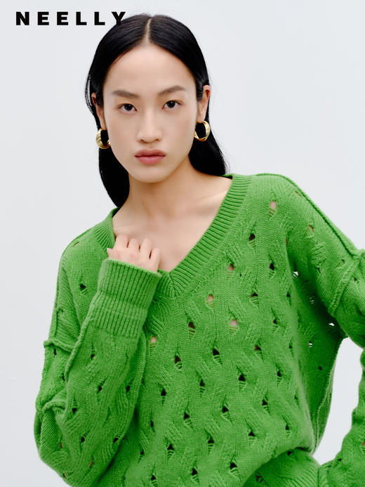 NEELLY纳俪商场同款100%绵羊毛 针织衫V领镂空通勤百搭套头毛衣女N23091A01164 商品图2