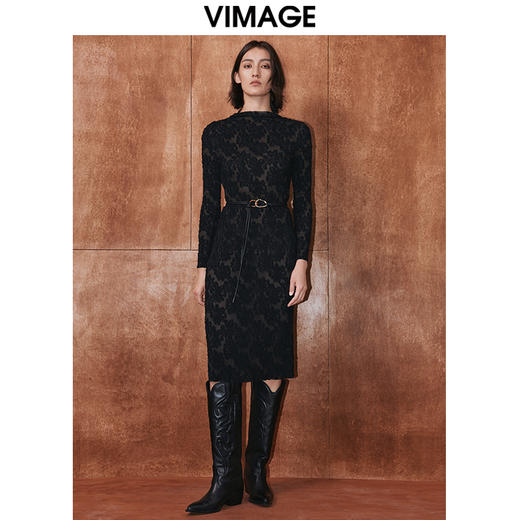 VIMAGE纬漫纪秋季新款时尚优雅通勤显瘦收腰蕾丝连衣裙V2007615 商品图0
