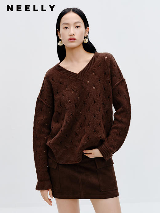 NEELLY纳俪商场同款100%绵羊毛 针织衫V领镂空通勤百搭套头毛衣女N23091A01164 商品图3