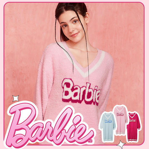 好奇蜜斯Barbie联名半边绒保暖女士家居服V领长袖简约睡裙秋冬款 Hazel 海泽儿 商品图0